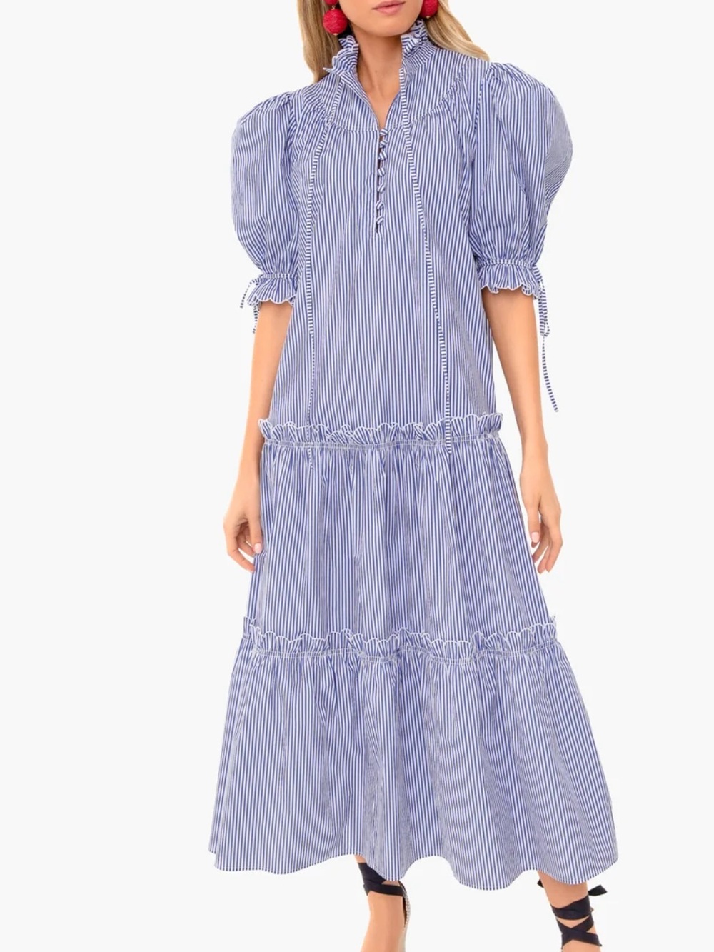 HUNTER BELL Holloway Navy and White Striped Ruffle Tier Dress Small $450